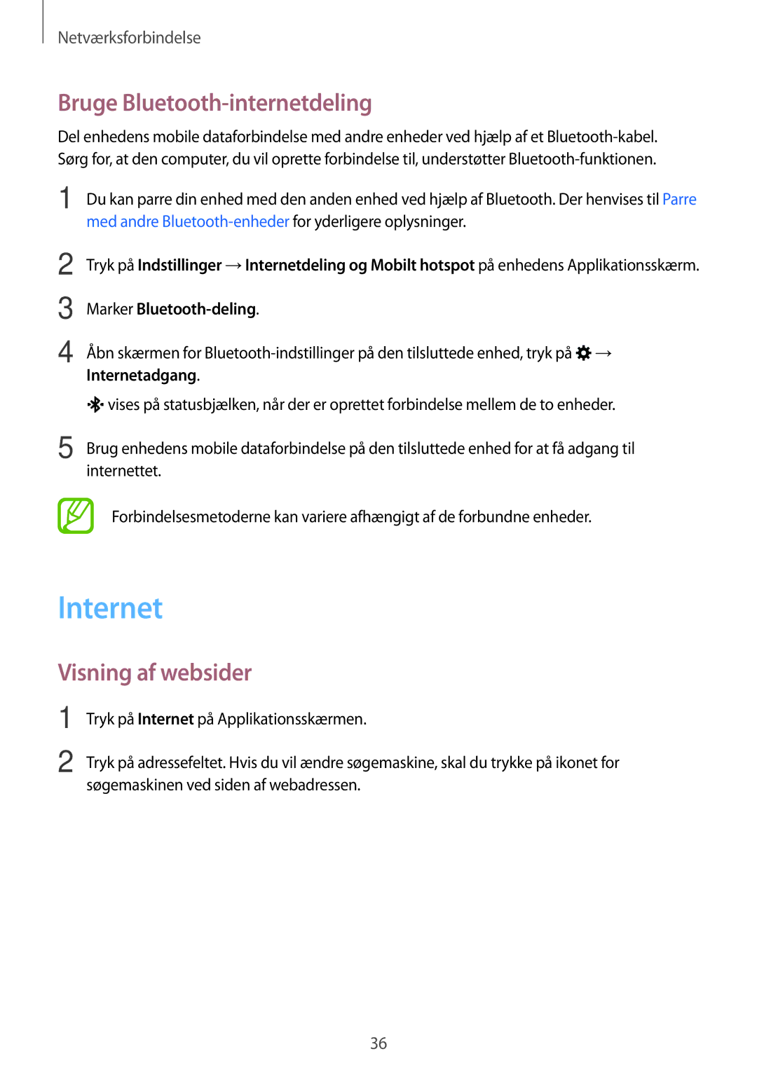 Samsung SM-G313HRWNTEN manual Internet, Bruge Bluetooth-internetdeling, Visning af websider, Marker Bluetooth-deling 