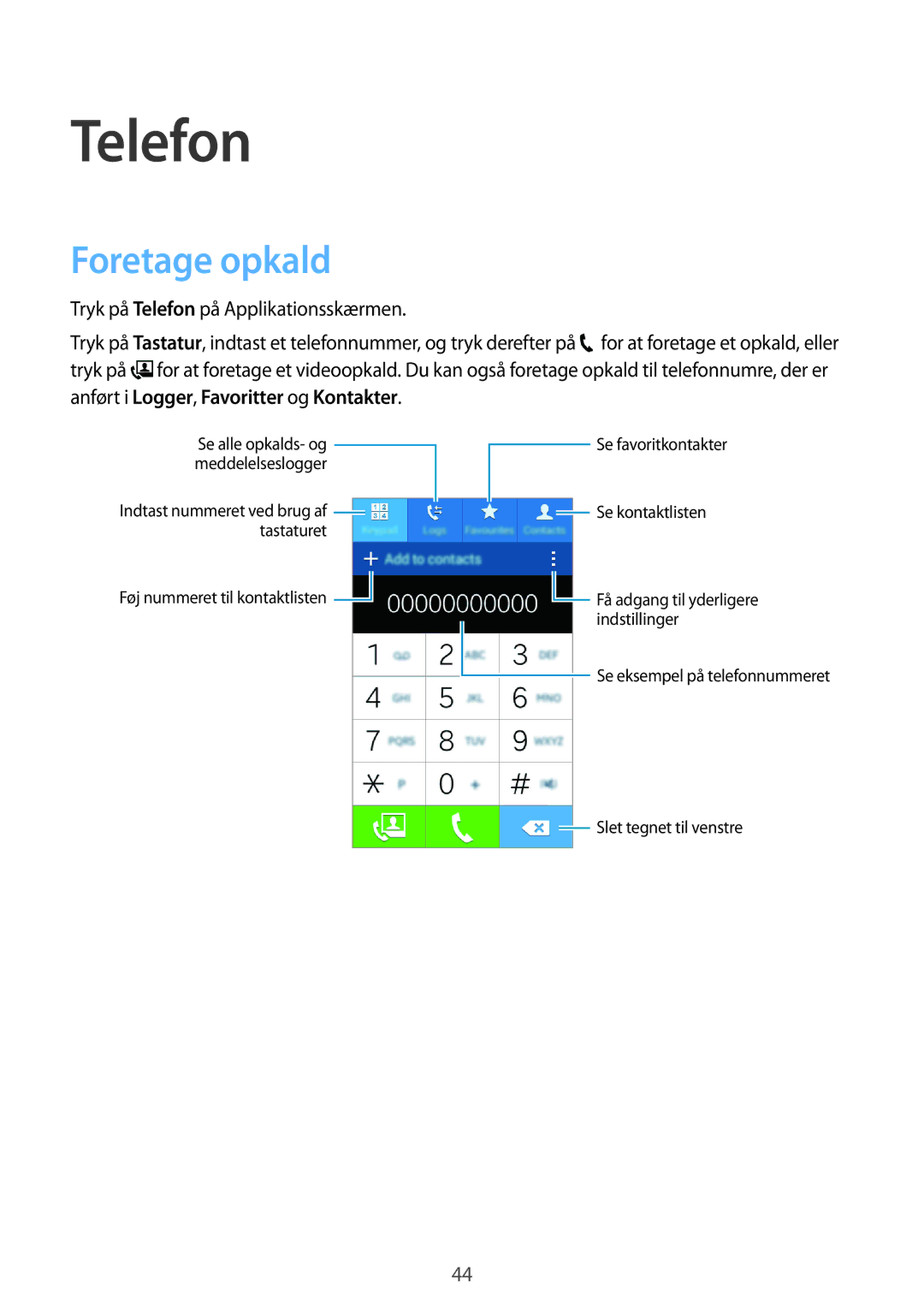 Samsung SM-G313HRWNTEN, SM-G313HRWNNEE, SM-G313HHANNEE, SM-G313HHANTEN manual Telefon, Foretage opkald 