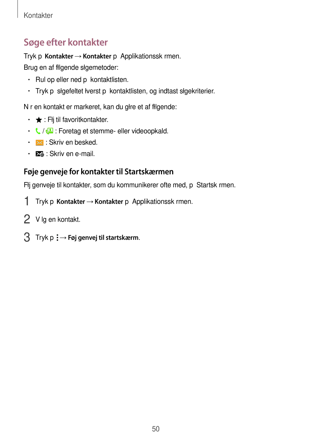 Samsung SM-G313HHANNEE, SM-G313HRWNTEN, SM-G313HRWNNEE Søge efter kontakter, Føje genveje for kontakter til Startskærmen 