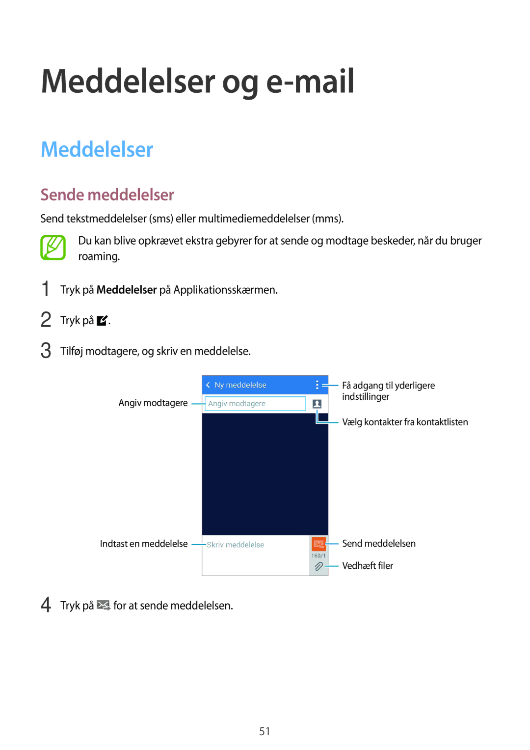 Samsung SM-G313HHANTEN, SM-G313HRWNTEN, SM-G313HRWNNEE, SM-G313HHANNEE manual Meddelelser og e-mail, Sende meddelelser 