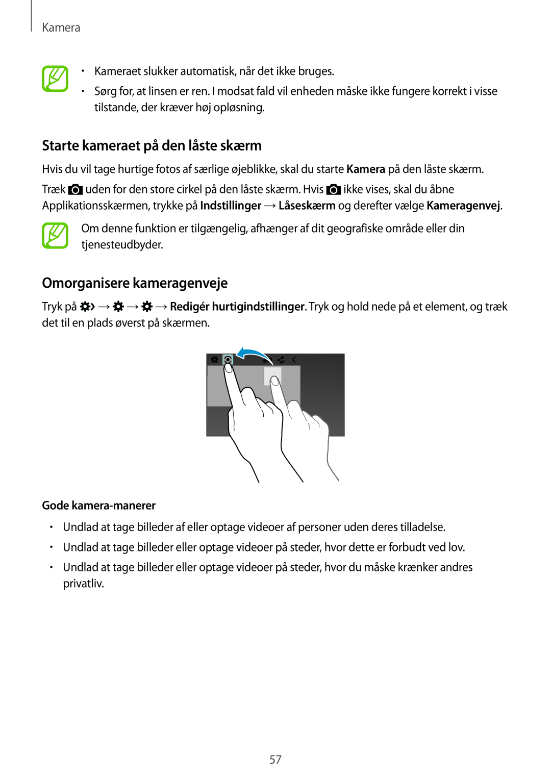 Samsung SM-G313HRWNNEE, SM-G313HRWNTEN Starte kameraet på den låste skærm, Omorganisere kameragenveje, Gode kamera-manerer 