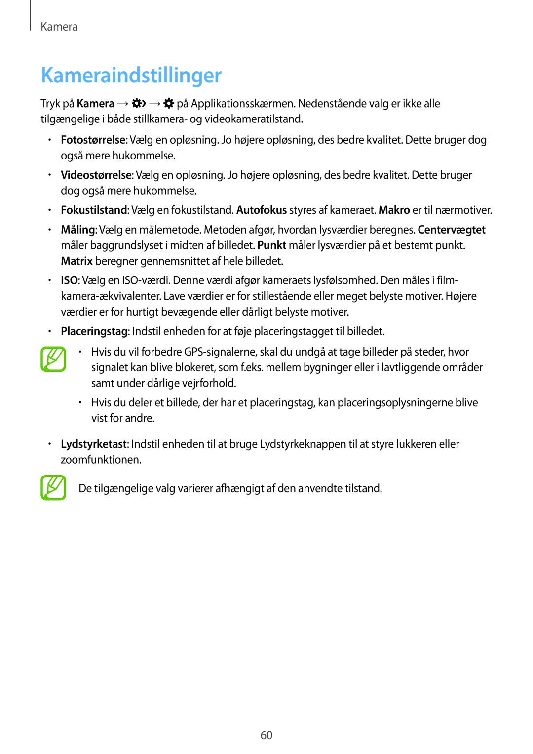 Samsung SM-G313HRWNTEN, SM-G313HRWNNEE, SM-G313HHANNEE, SM-G313HHANTEN manual Kameraindstillinger 