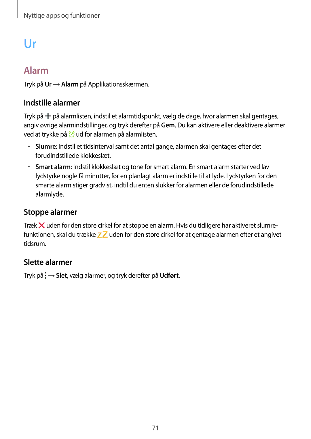 Samsung SM-G313HHANTEN, SM-G313HRWNTEN, SM-G313HRWNNEE manual Alarm, Indstille alarmer, Stoppe alarmer, Slette alarmer 