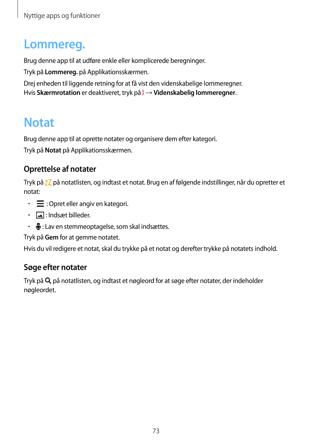 Samsung SM-G313HRWNNEE, SM-G313HRWNTEN, SM-G313HHANNEE manual Lommereg, Notat, Oprettelse af notater, Søge efter notater 