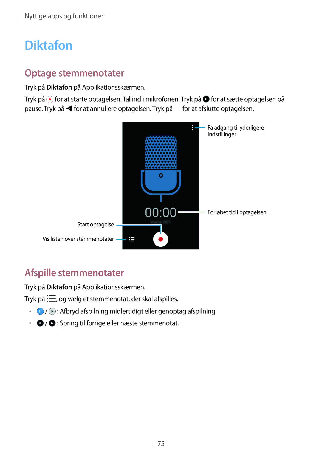 Samsung SM-G313HHANTEN, SM-G313HRWNTEN, SM-G313HRWNNEE manual Diktafon, Optage stemmenotater, Afspille stemmenotater 