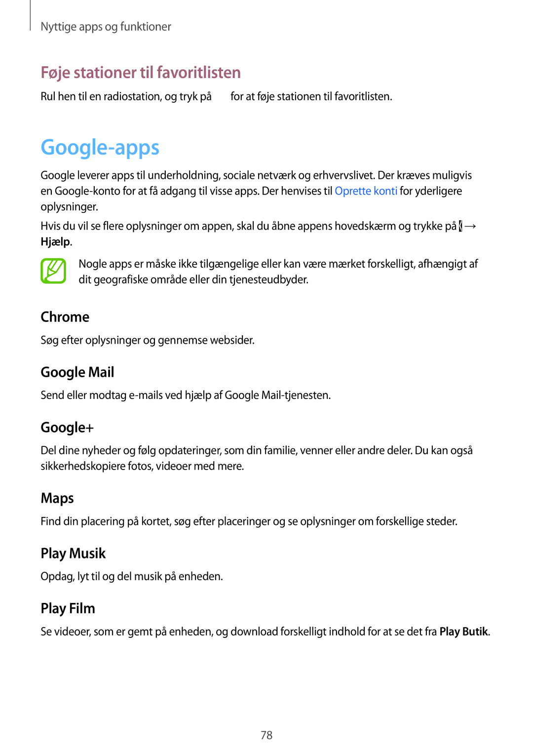 Samsung SM-G313HHANNEE, SM-G313HRWNTEN, SM-G313HRWNNEE, SM-G313HHANTEN manual Google-apps, Føje stationer til favoritlisten 