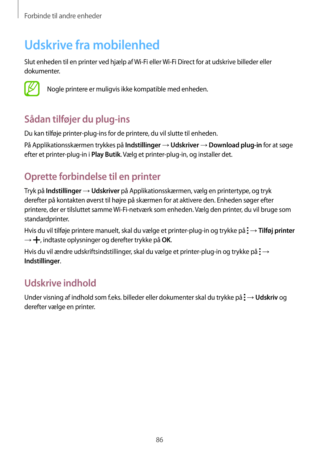 Samsung SM-G313HHANNEE manual Udskrive fra mobilenhed, Sådan tilføjer du plug-ins, Oprette forbindelse til en printer 