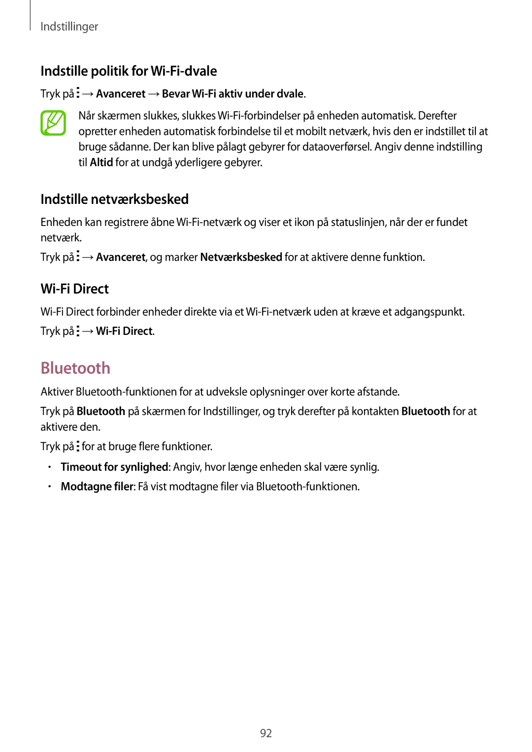 Samsung SM-G313HRWNTEN manual Bluetooth, Indstille politik for Wi-Fi-dvale, Indstille netværksbesked, Wi-Fi Direct 