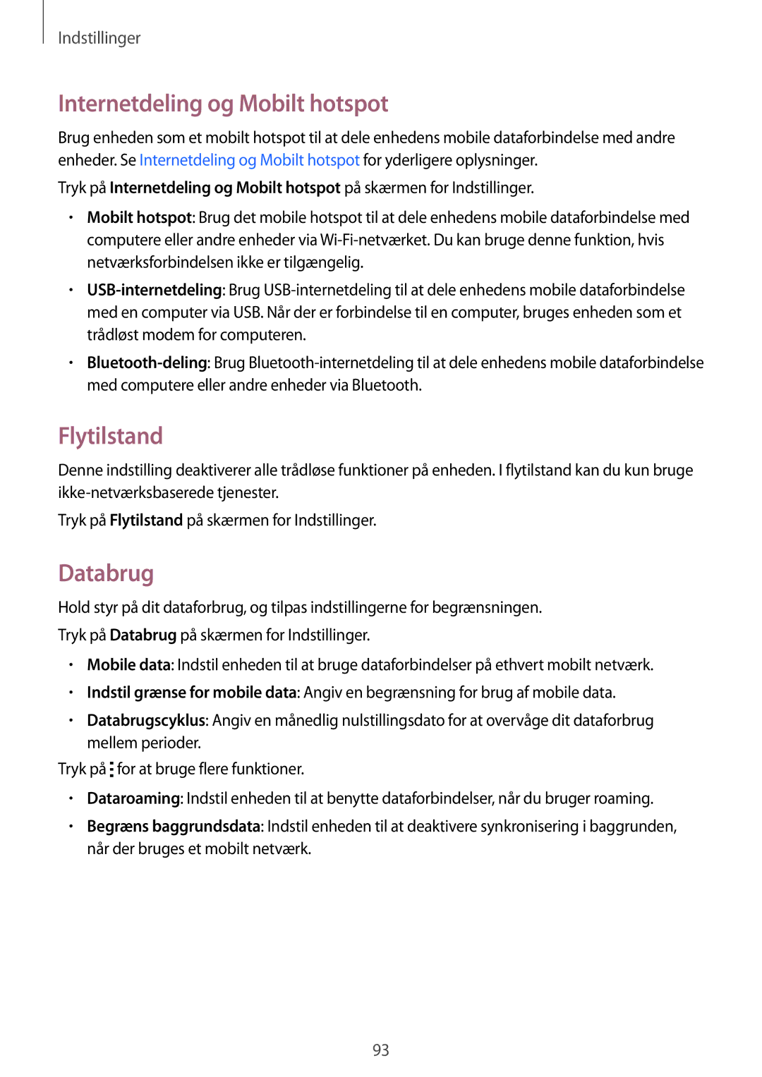 Samsung SM-G313HRWNNEE, SM-G313HRWNTEN, SM-G313HHANNEE manual Internetdeling og Mobilt hotspot, Flytilstand, Databrug 