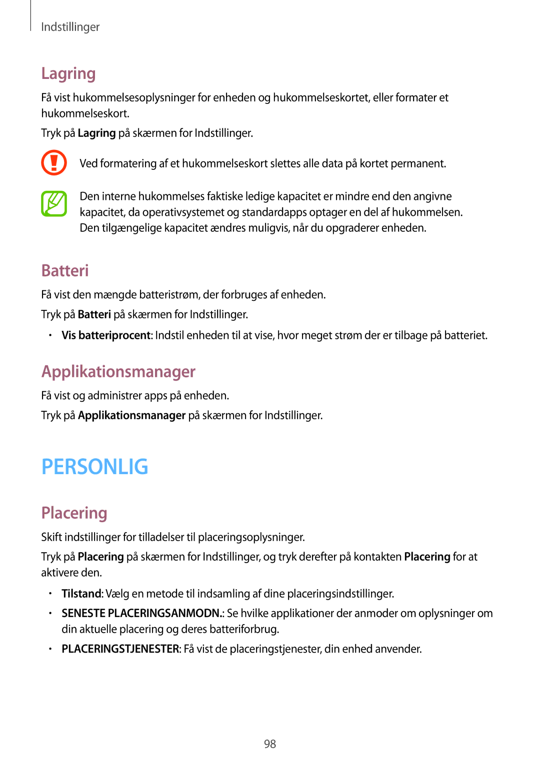 Samsung SM-G313HHANNEE, SM-G313HRWNTEN, SM-G313HRWNNEE, SM-G313HHANTEN manual Lagring, Batteri, Applikationsmanager, Placering 