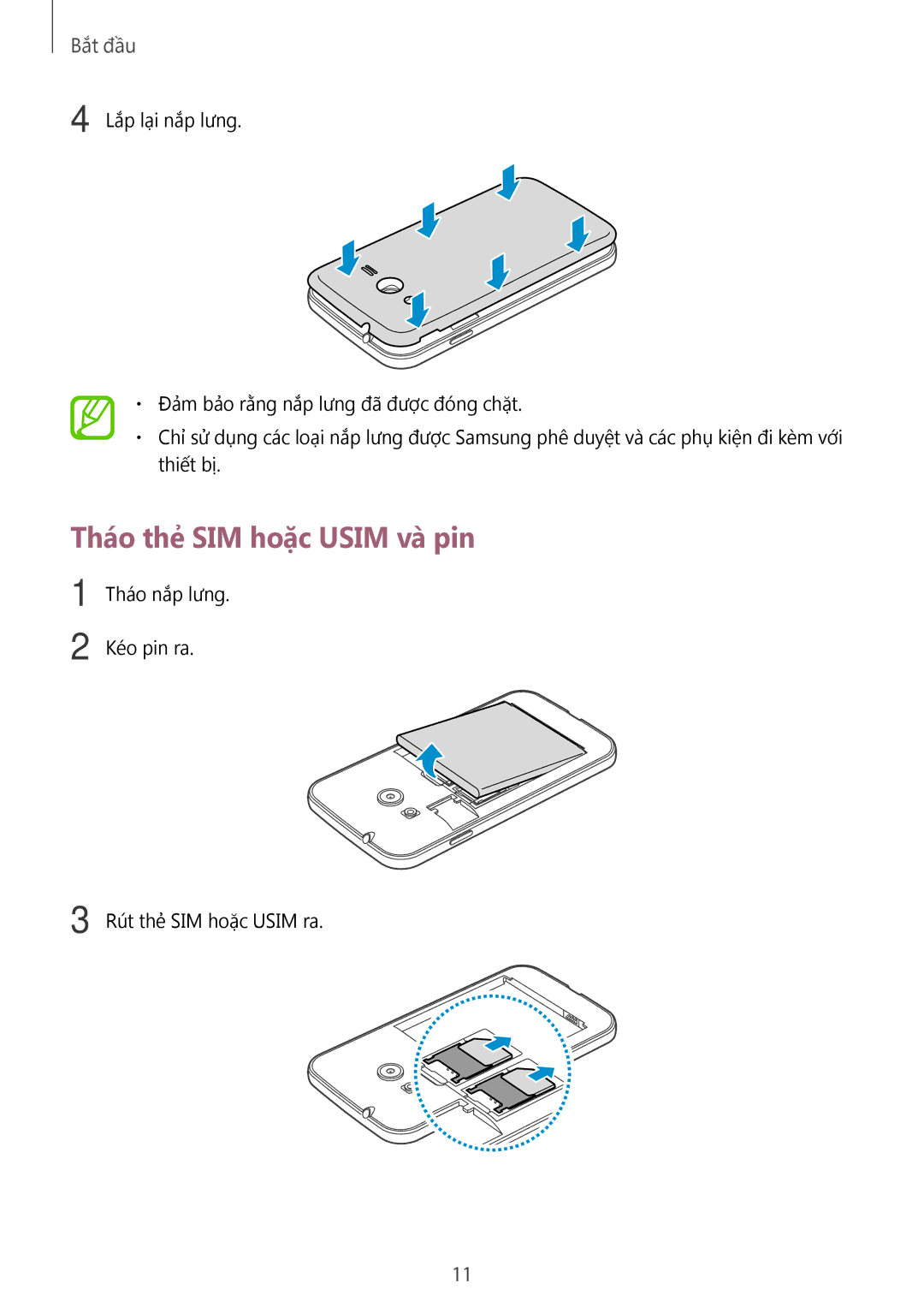 Samsung SM-G313HRWZXXV, SM-G313HZKZXXV manual Tháo thẻ SIM hoặc Usim và pin 