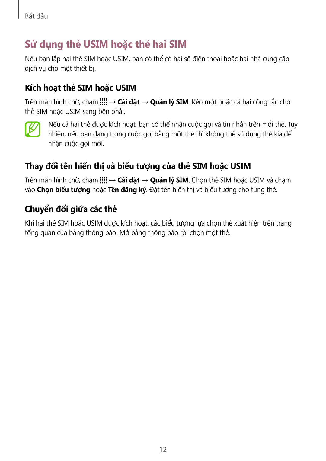 Samsung SM-G313HZKZXXV manual Sử dụng thẻ Usim hoặc thẻ hai SIM, Kích hoạt thẻ SIM hoặc Usim, Chuyển đổi giữa các thẻ 