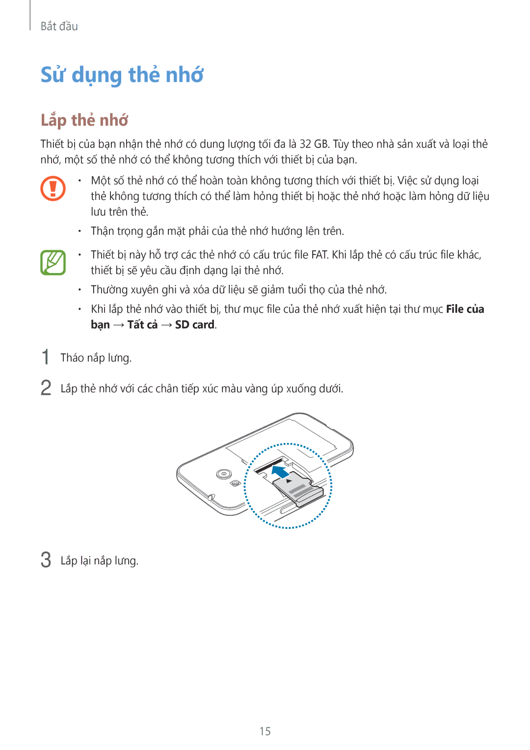 Samsung SM-G313HRWZXXV, SM-G313HZKZXXV manual Sử dụng thẻ nhớ, Lắp thẻ nhớ 
