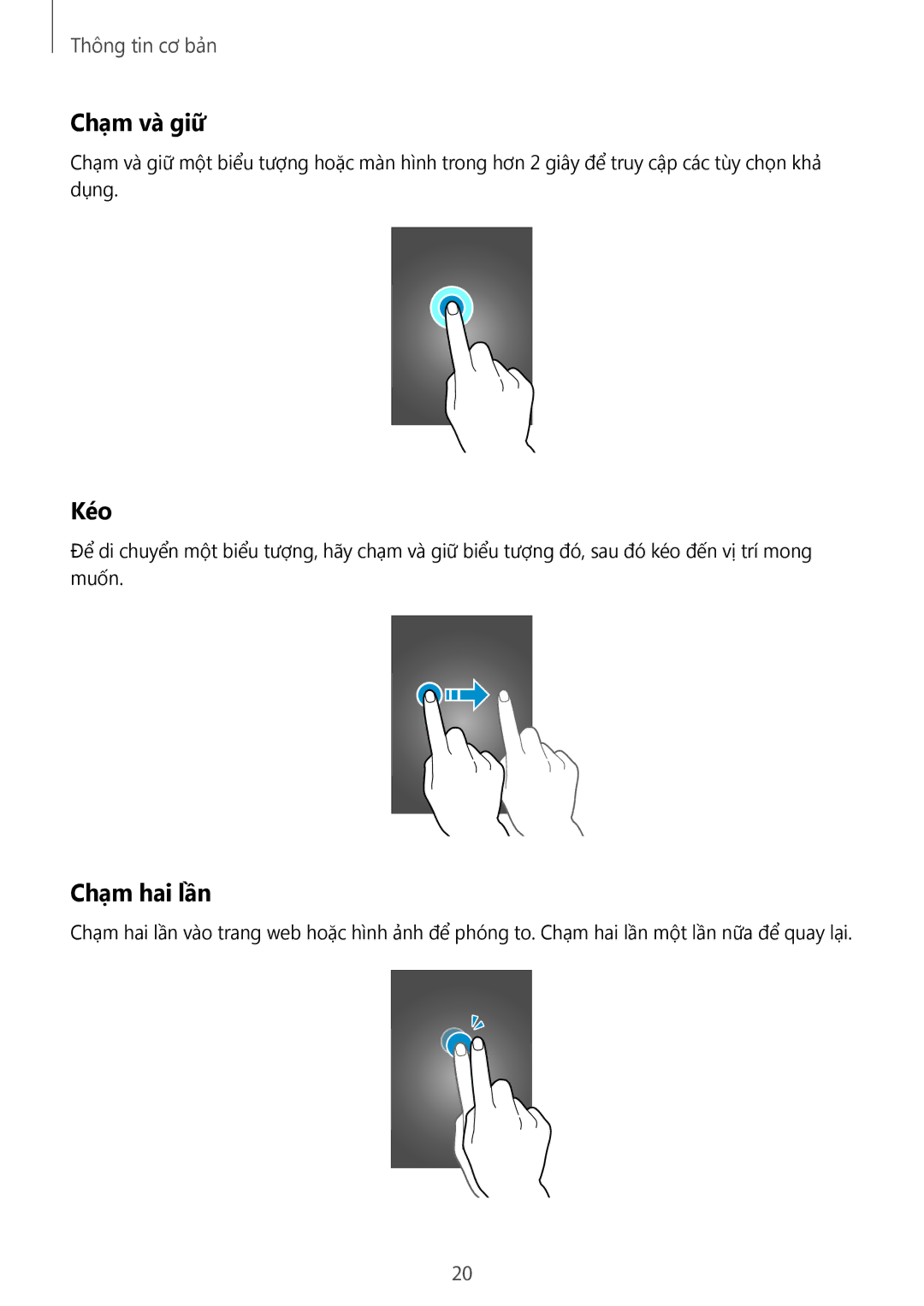 Samsung SM-G313HZKZXXV, SM-G313HRWZXXV manual Chạm và giữ, Kéo, Chạm hai lần 