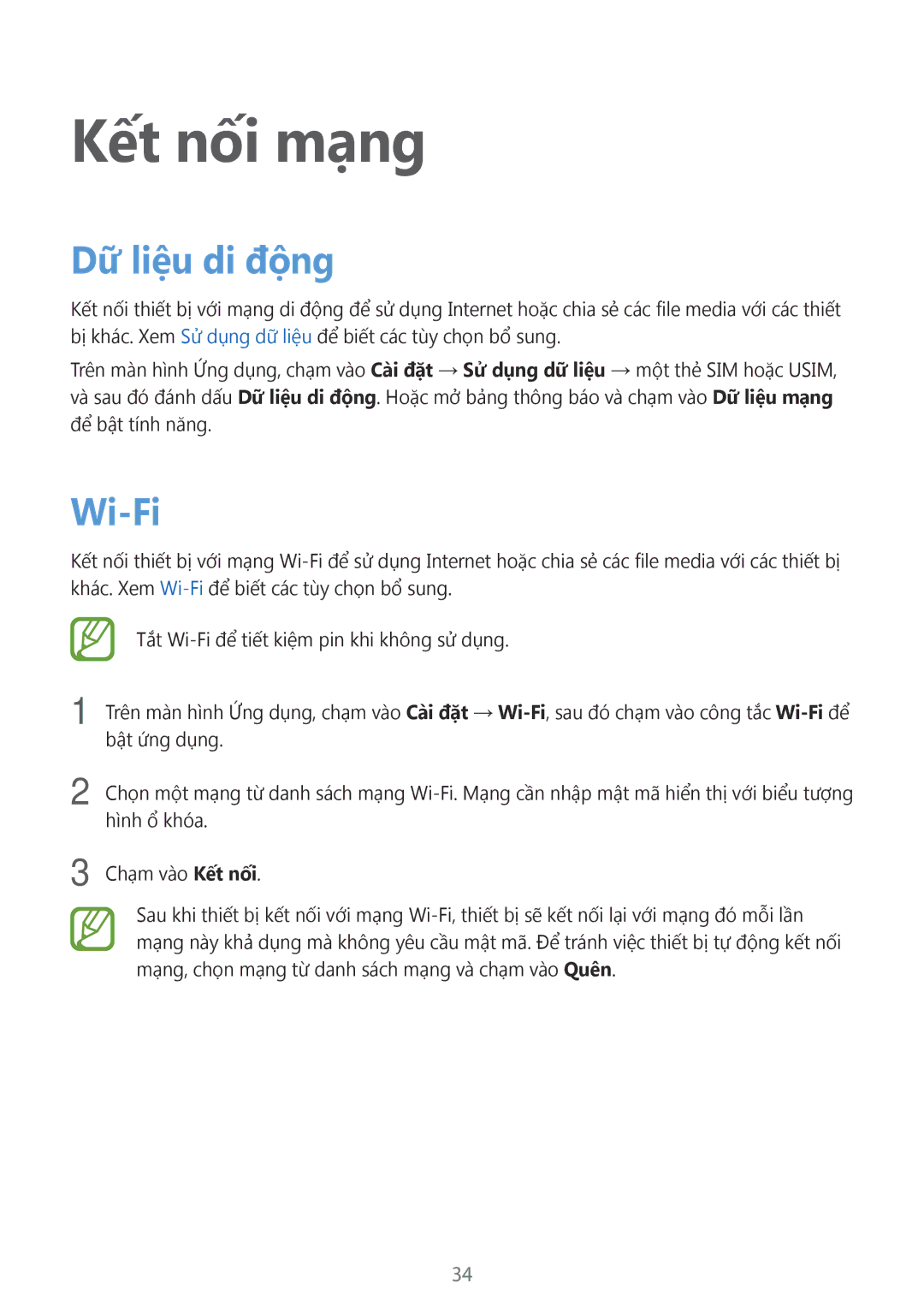 Samsung SM-G313HZKZXXV, SM-G313HRWZXXV manual Kết nối mạng, Dữ liệu di động, Wi-Fi 