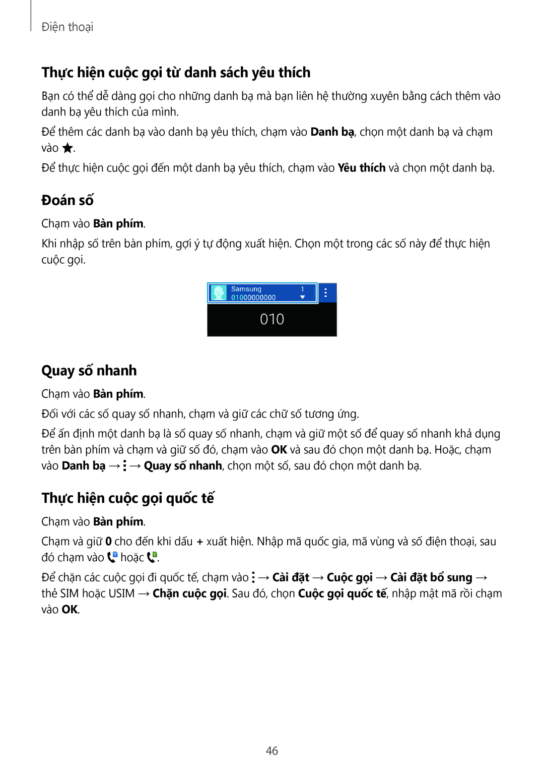 Samsung SM-G313HZKZXXV manual Thực hiện cuộc gọi từ danh sách yêu thích, Đoán số, Quay số nhanh, Thực hiện cuộc gọi quốc tế 
