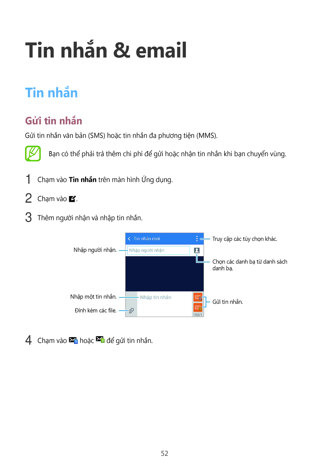 Samsung SM-G313HZKZXXV, SM-G313HRWZXXV manual Tin nhắn & email, Gửi tin nhắn 