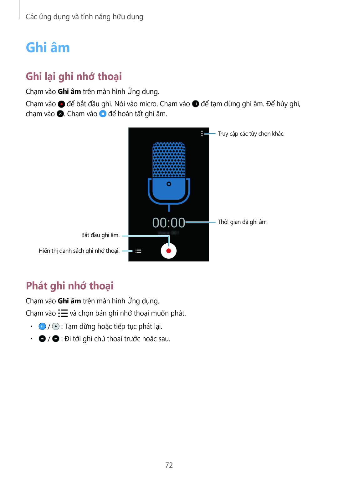 Samsung SM-G313HZKZXXV, SM-G313HRWZXXV manual Ghi âm, Ghi lại ghi nhớ thoại, Phát ghi nhớ thoại 