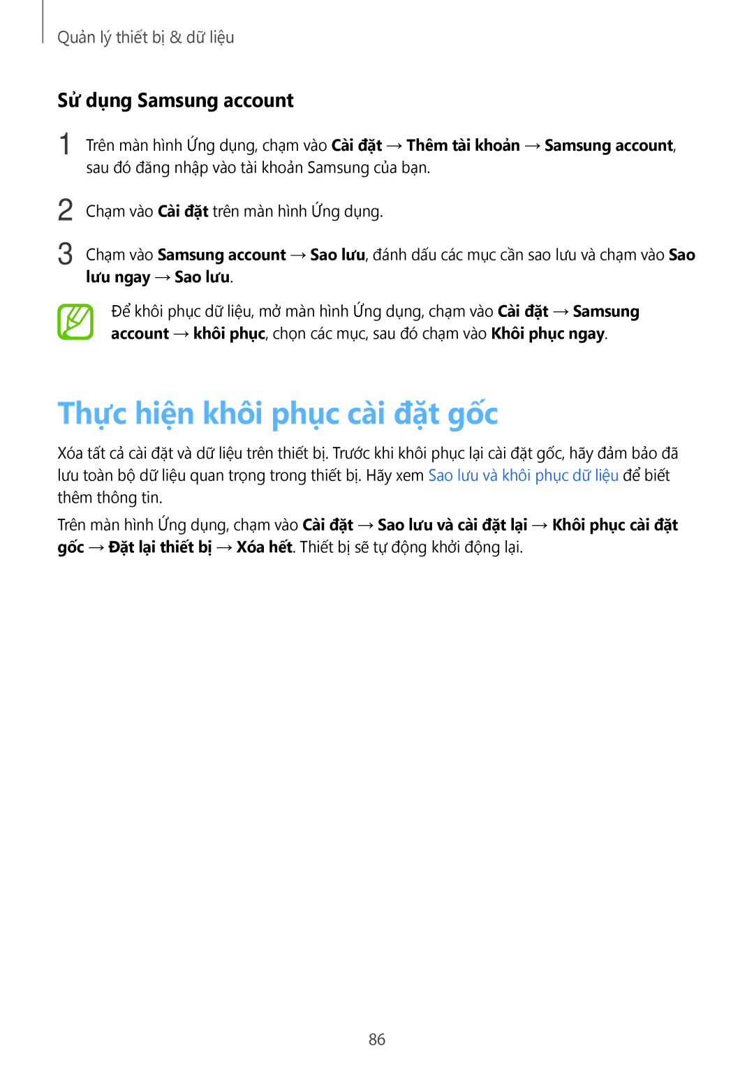 Samsung SM-G313HZKZXXV, SM-G313HRWZXXV manual Thực hiện khôi phục cài đặt gốc, Sử dụng Samsung account 