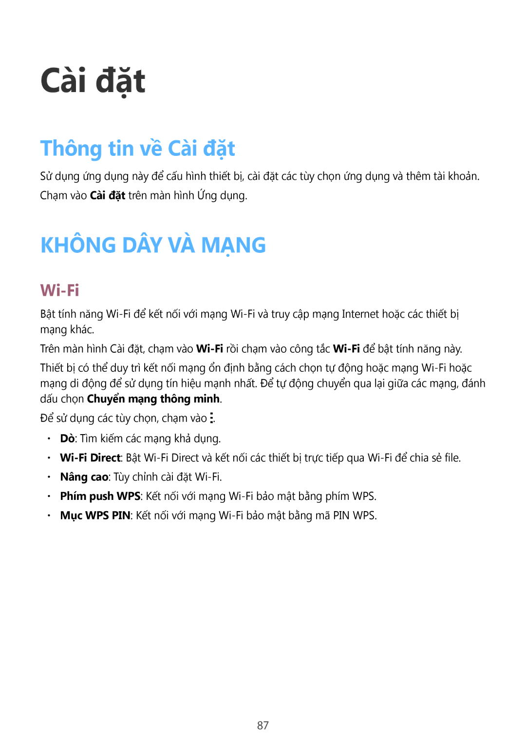 Samsung SM-G313HRWZXXV, SM-G313HZKZXXV manual Thông tin về Cài đặt, Wi-Fi 