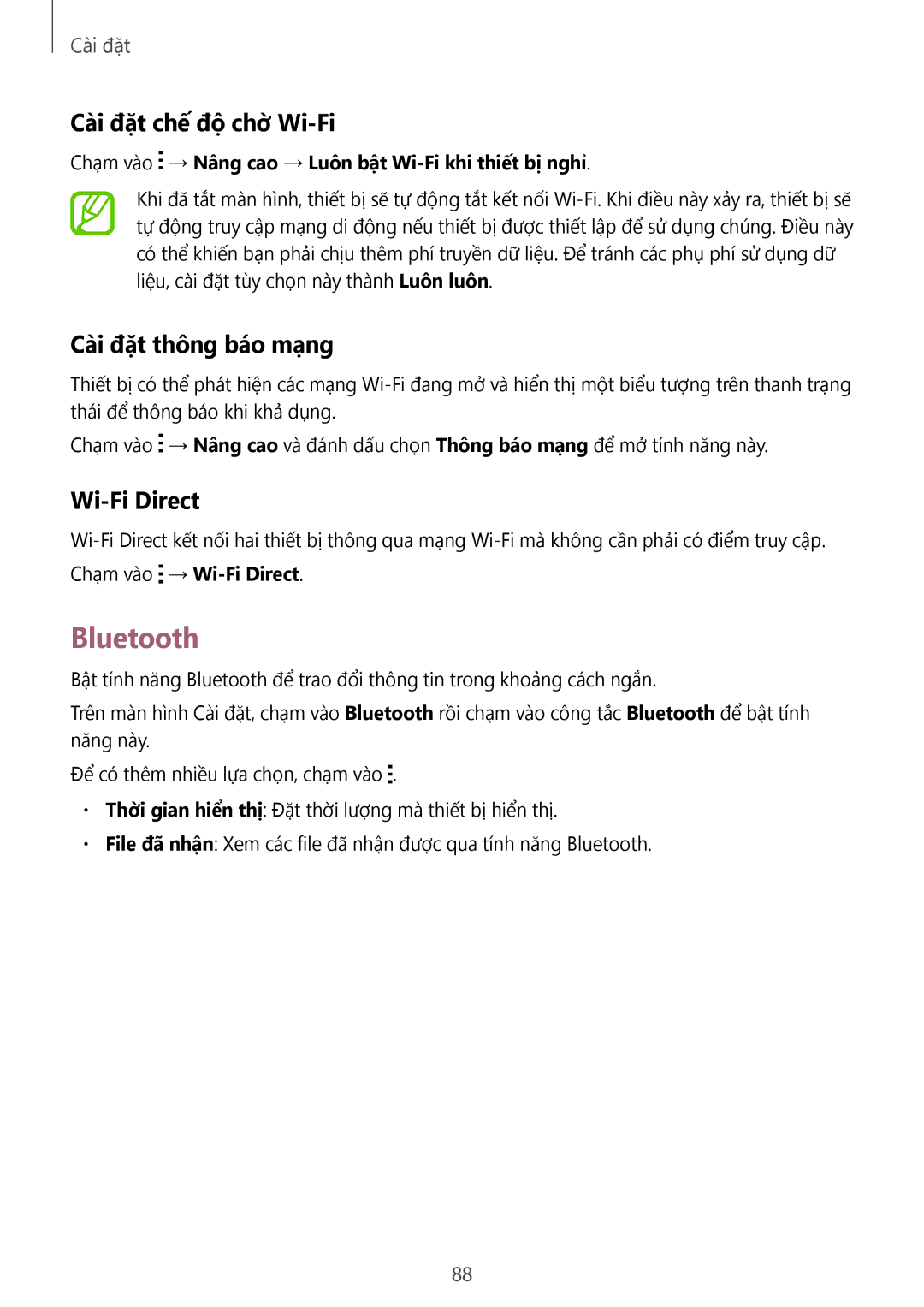 Samsung SM-G313HZKZXXV, SM-G313HRWZXXV manual Bluetooth, Cài đặt chế độ chờ̀ Wi-Fi, Cài đặt thông báo mạng, Wi-Fi Direct 