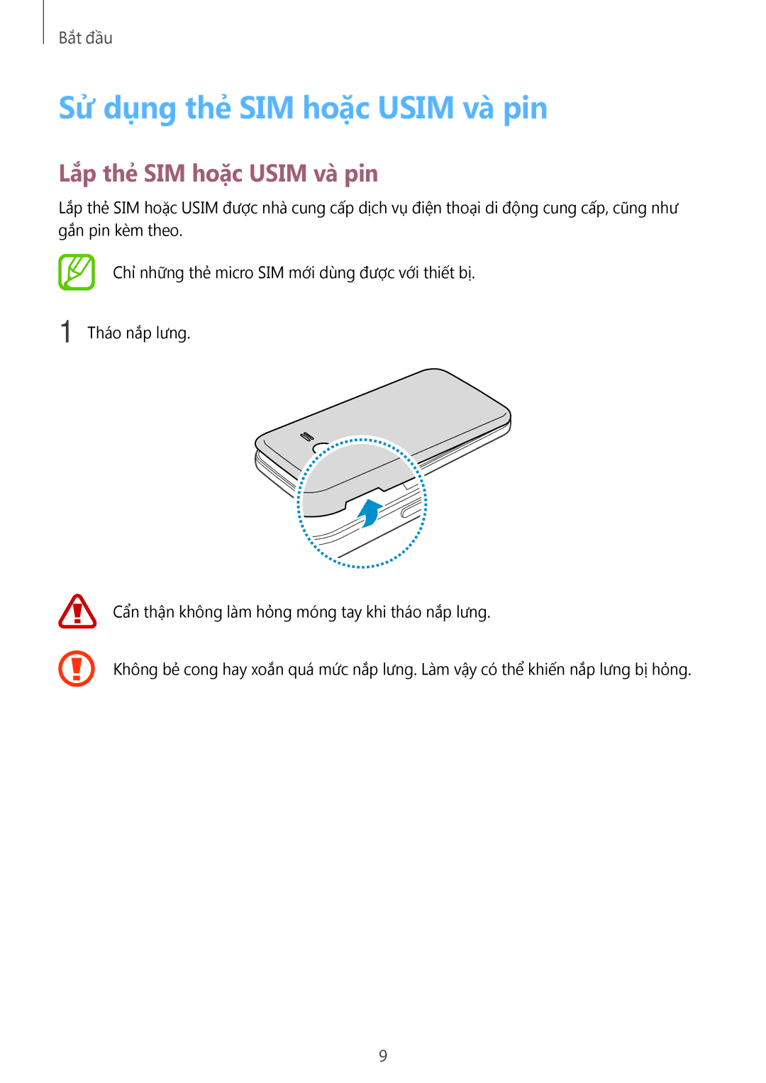 Samsung SM-G313HRWZXXV, SM-G313HZKZXXV manual Sử dụng thẻ SIM hoặc Usim và pin, Lắp thẻ SIM hoặc Usim và pin 