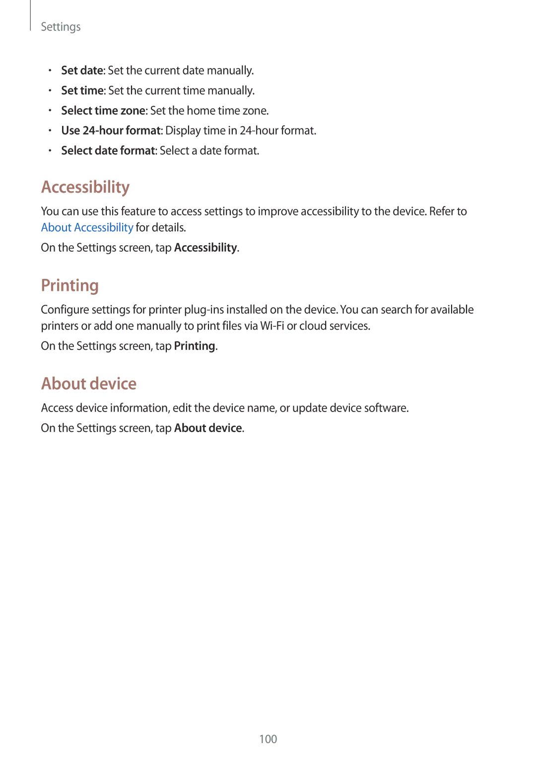 Samsung SM-G313HZKZXXV, SM-G313HRWZXXV manual Accessibility, Printing, About device 