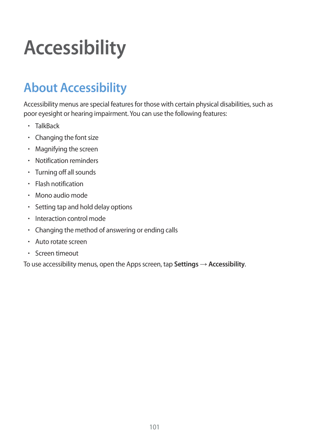 Samsung SM-G313HRWZXXV, SM-G313HZKZXXV manual About Accessibility 