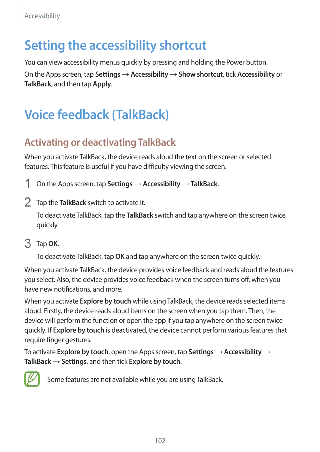 Samsung SM-G313HZKZXXV Setting the accessibility shortcut, Voice feedback TalkBack, Activating or deactivating TalkBack 