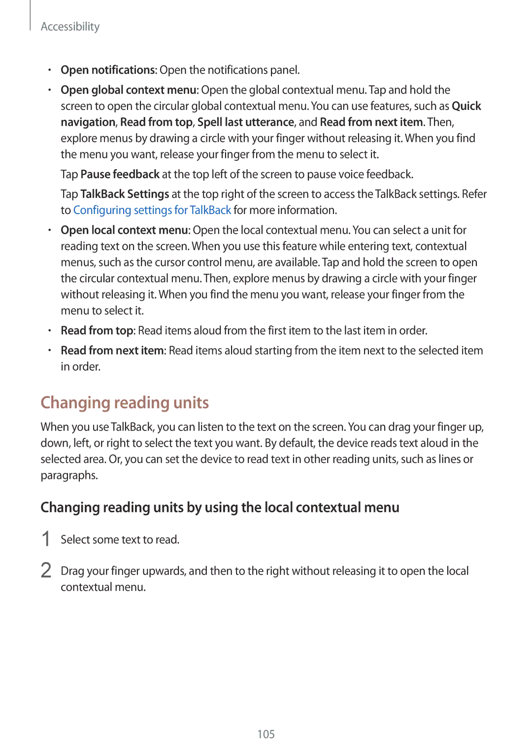 Samsung SM-G313HRWZXXV, SM-G313HZKZXXV manual Changing reading units by using the local contextual menu 