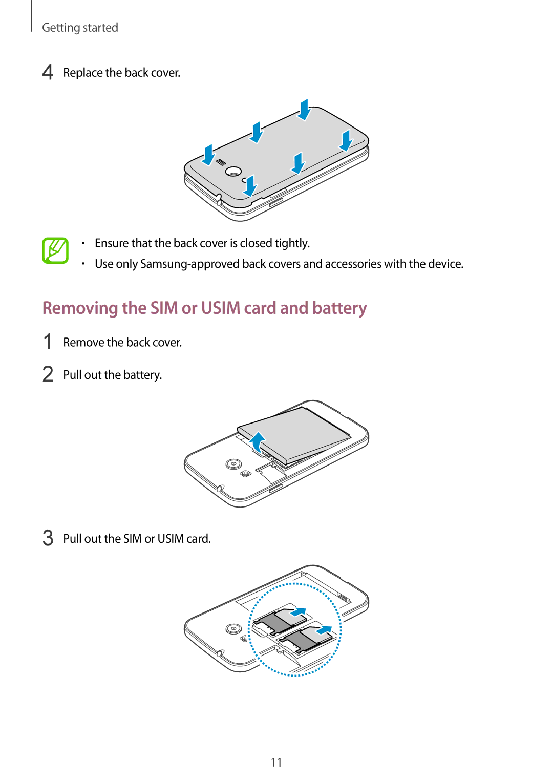 Samsung SM-G313HRWZXXV, SM-G313HZKZXXV manual Removing the SIM or Usim card and battery 