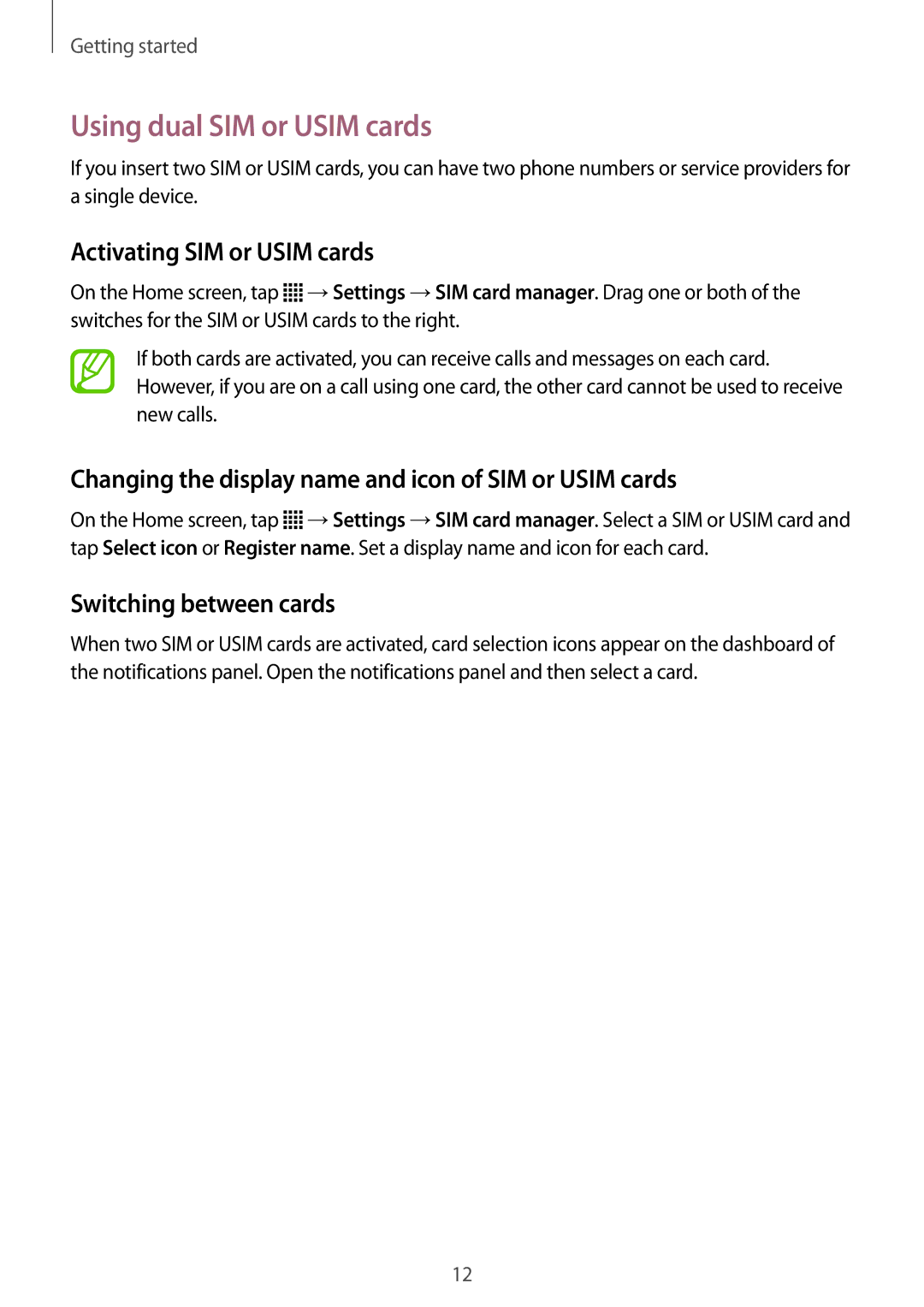 Samsung SM-G313HZKZXXV, SM-G313HRWZXXV Using dual SIM or Usim cards, Activating SIM or Usim cards, Switching between cards 