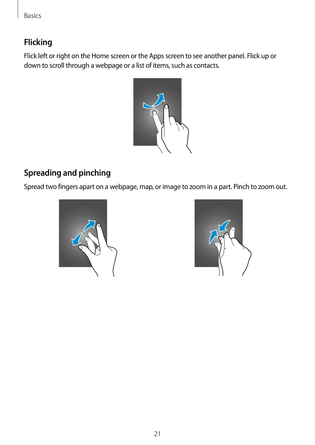 Samsung SM-G313HRWZXXV, SM-G313HZKZXXV manual Flicking, Spreading and pinching 