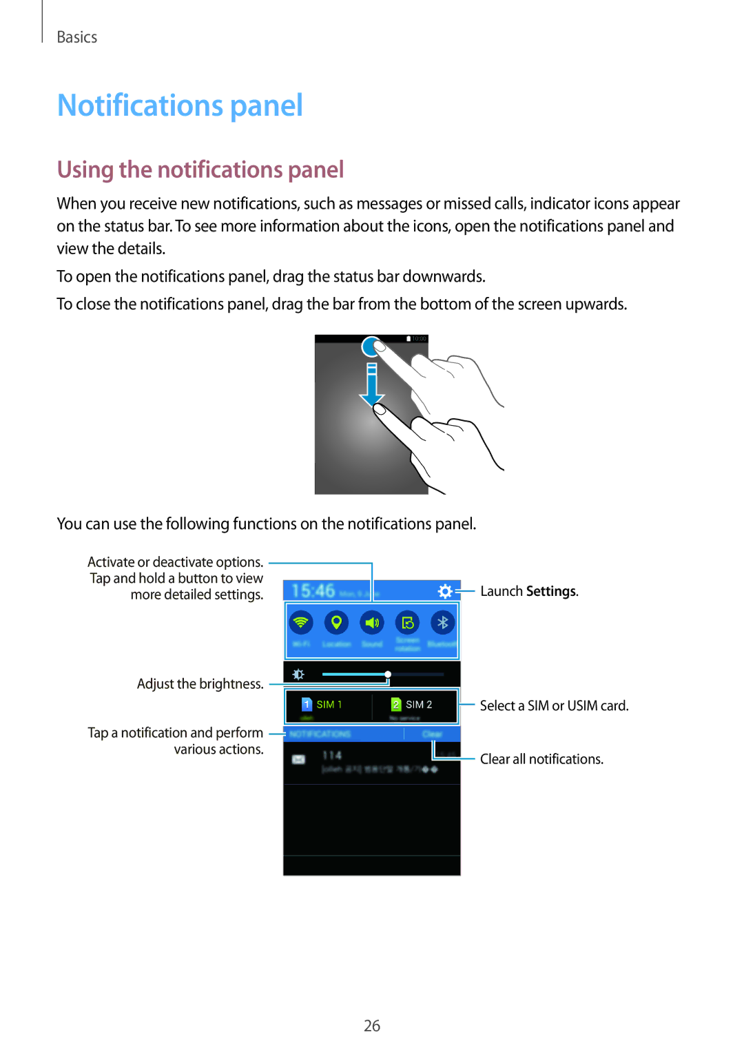 Samsung SM-G313HZKZXXV, SM-G313HRWZXXV manual Notifications panel, Using the notifications panel 