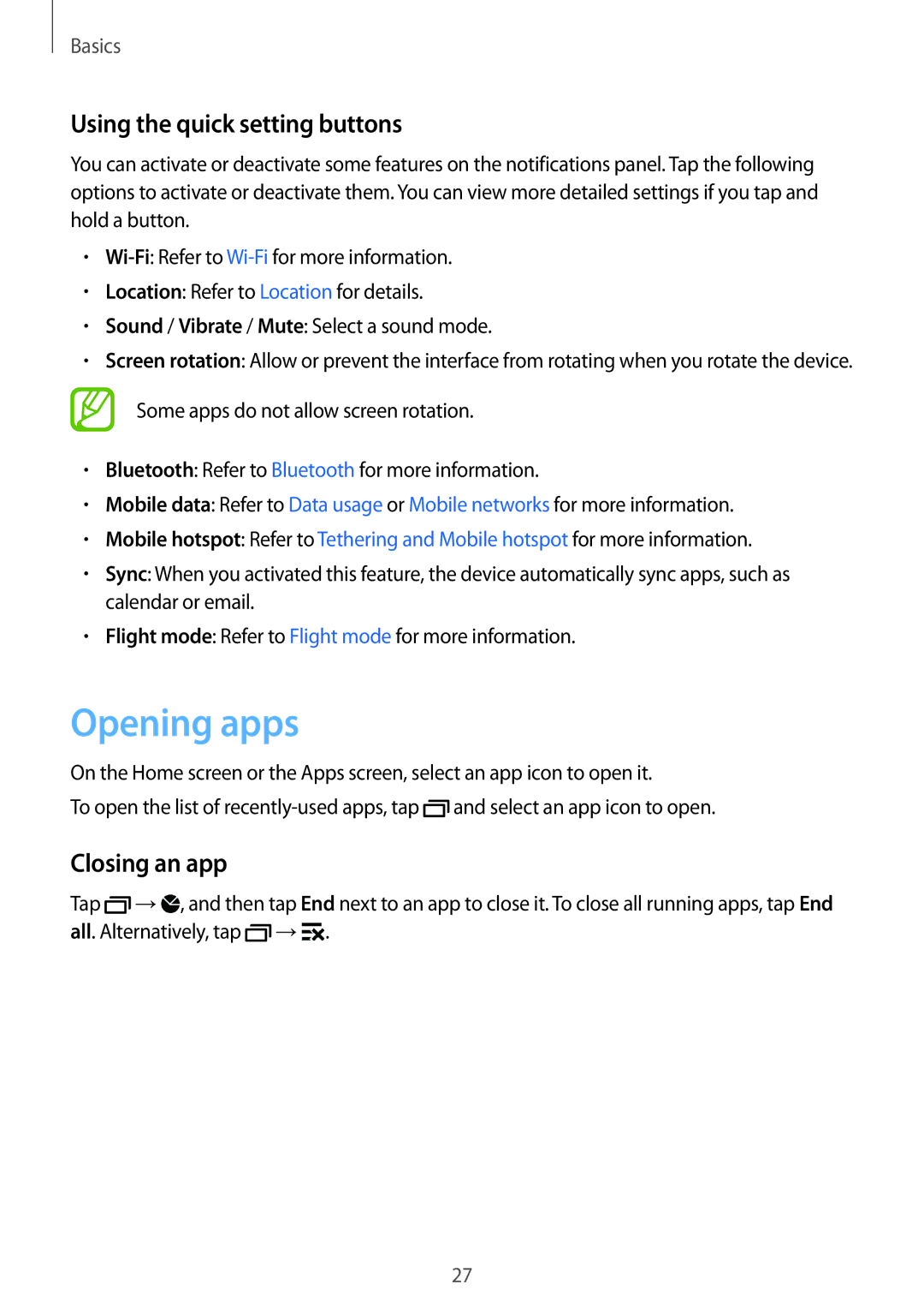 Samsung SM-G313HRWZXXV, SM-G313HZKZXXV manual Opening apps, Using the quick setting buttons, Closing an app 