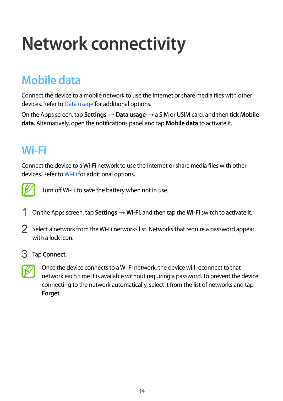 Samsung SM-G313HZKZXXV, SM-G313HRWZXXV manual Network connectivity, Mobile data, Wi-Fi, Tap Connect 