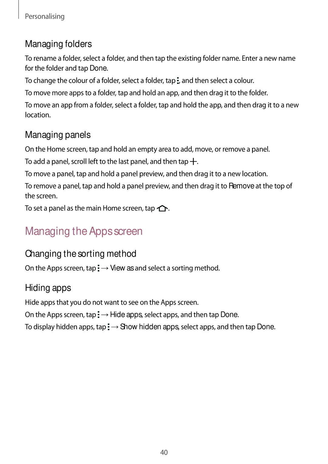 Samsung SM-G313HZKZXXV manual Managing the Apps screen, Managing folders, Managing panels, Changing the sorting method 