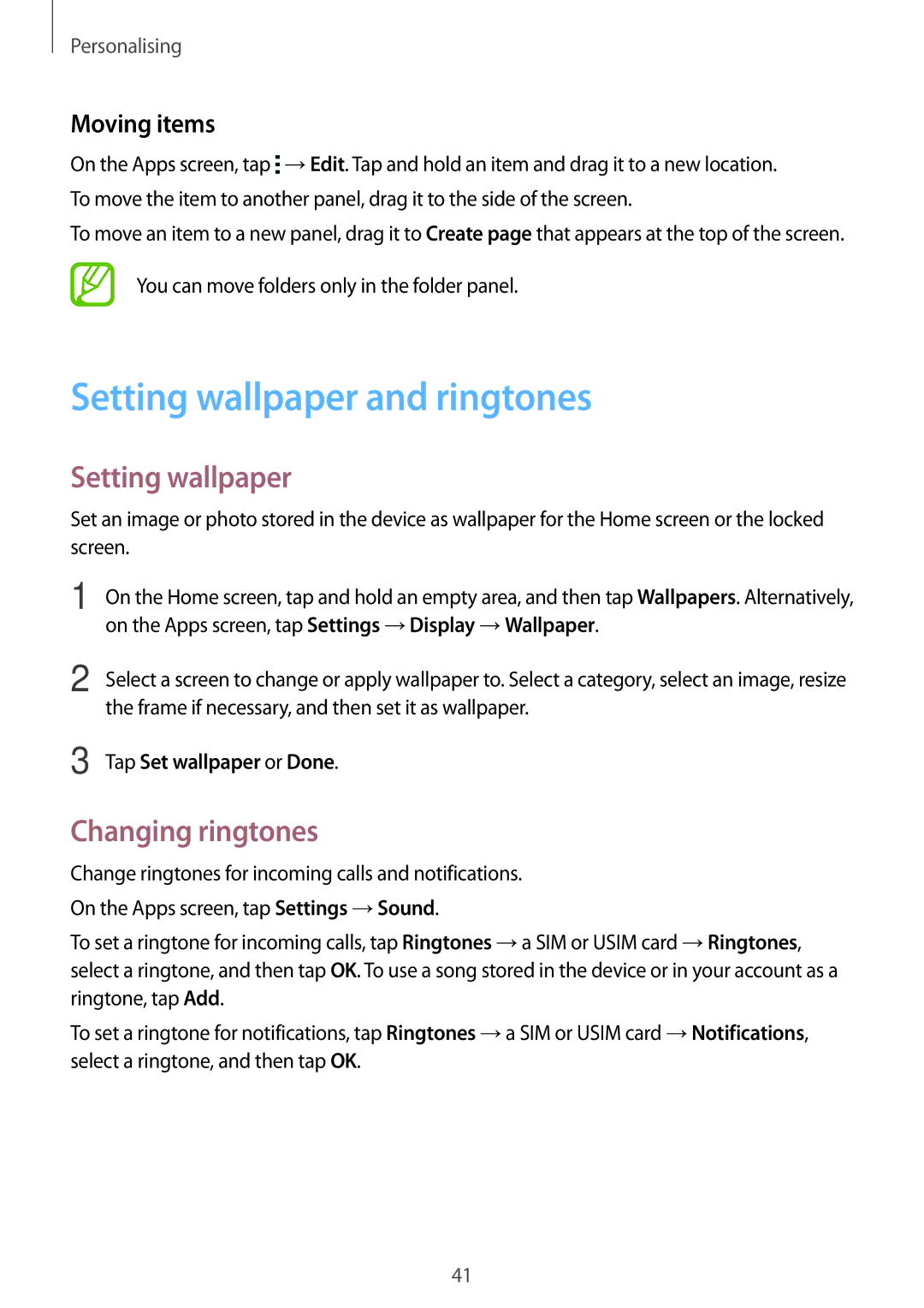 Samsung SM-G313HRWZXXV manual Setting wallpaper and ringtones, Changing ringtones, Moving items, Tap Set wallpaper or Done 
