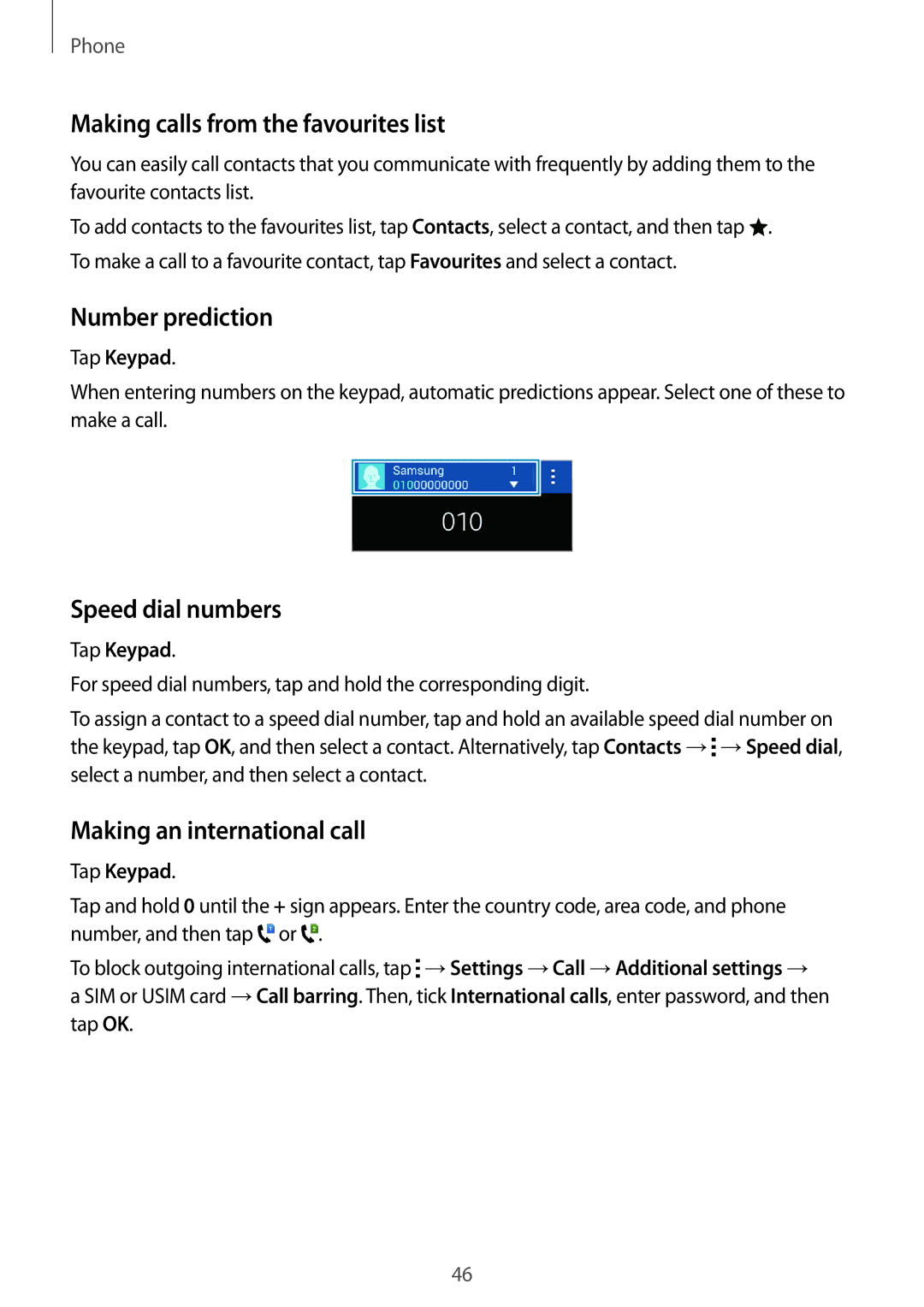 Samsung SM-G313HZKZXXV manual Making calls from the favourites list, Number prediction, Speed dial numbers, Tap Keypad 