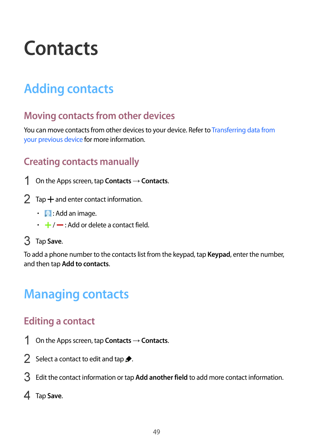 Samsung SM-G313HRWZXXV, SM-G313HZKZXXV manual Contacts, Adding contacts, Managing contacts 