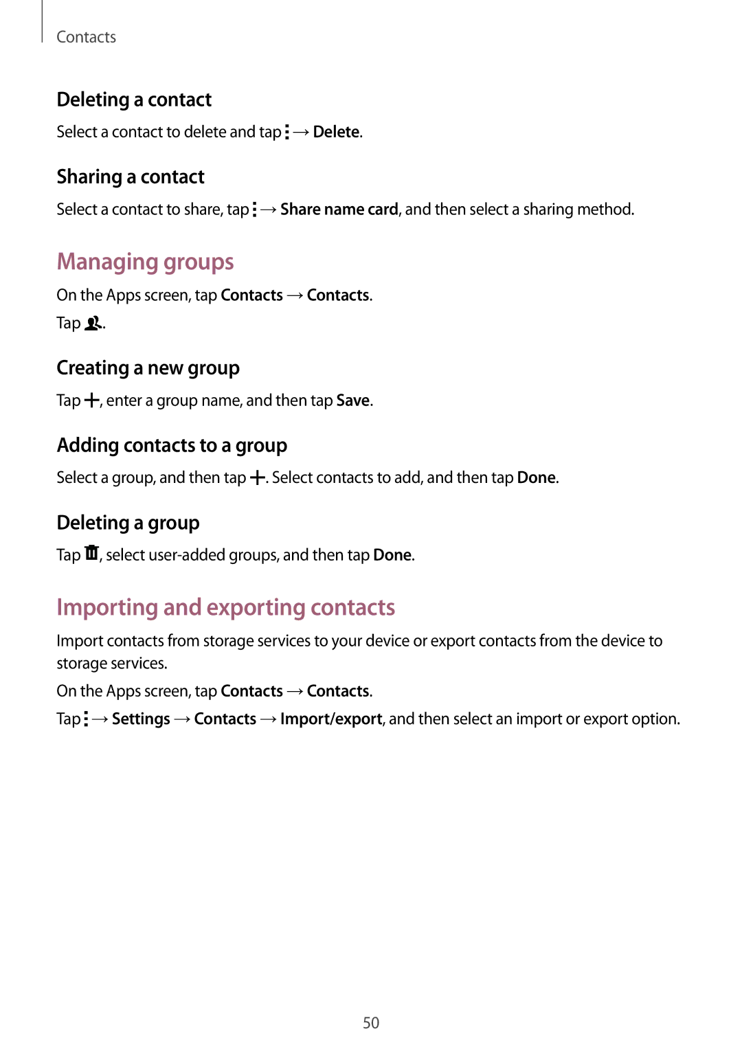 Samsung SM-G313HZKZXXV, SM-G313HRWZXXV manual Managing groups, Importing and exporting contacts 