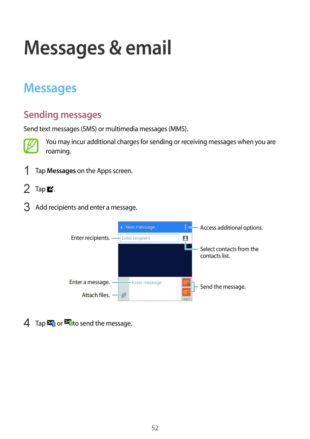 Samsung SM-G313HZKZXXV, SM-G313HRWZXXV manual Messages & email, Sending messages 