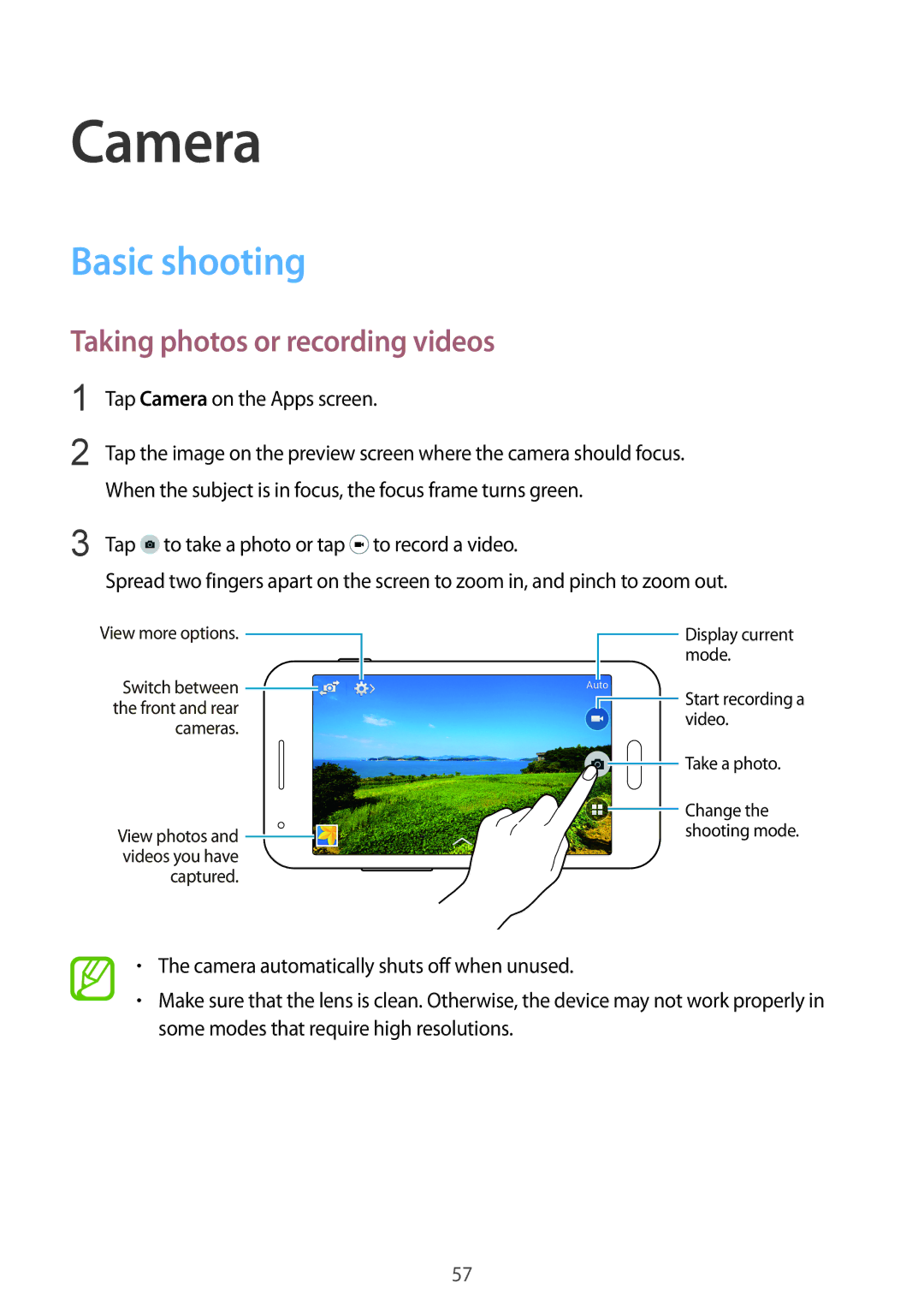 Samsung SM-G313HRWZXXV, SM-G313HZKZXXV manual Camera, Basic shooting, Taking photos or recording videos 