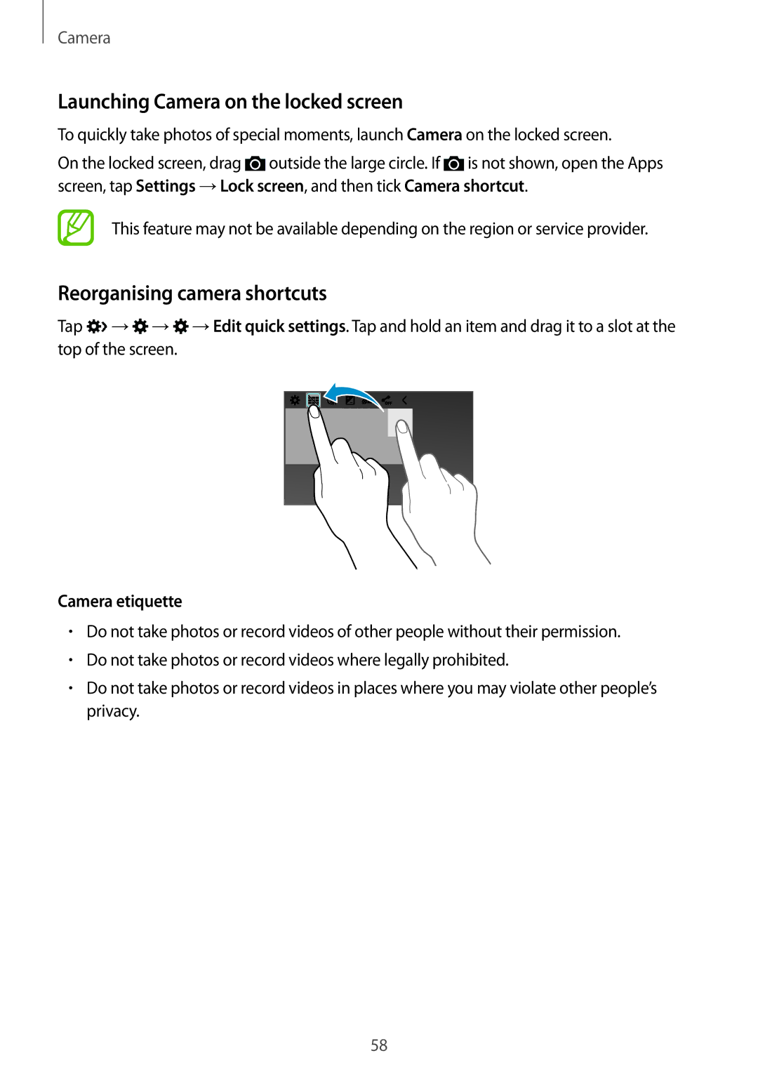 Samsung SM-G313HZKZXXV manual Launching Camera on the locked screen, Reorganising camera shortcuts, Camera etiquette 