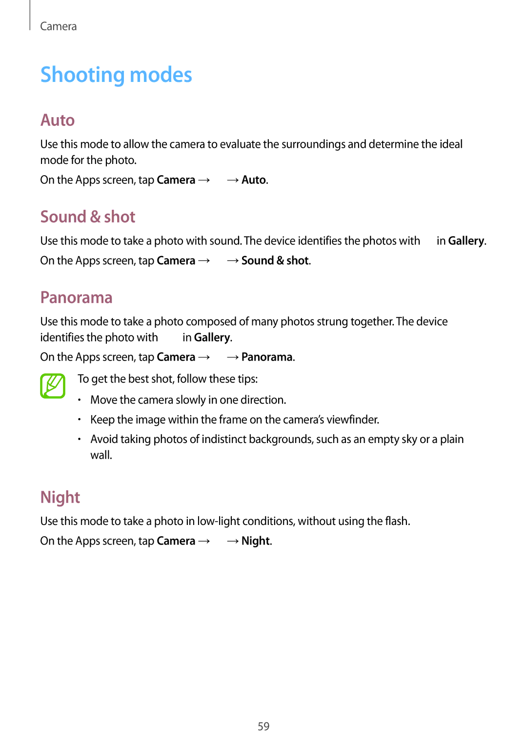 Samsung SM-G313HRWZXXV, SM-G313HZKZXXV manual Shooting modes, Auto, Sound & shot, Panorama, Night 