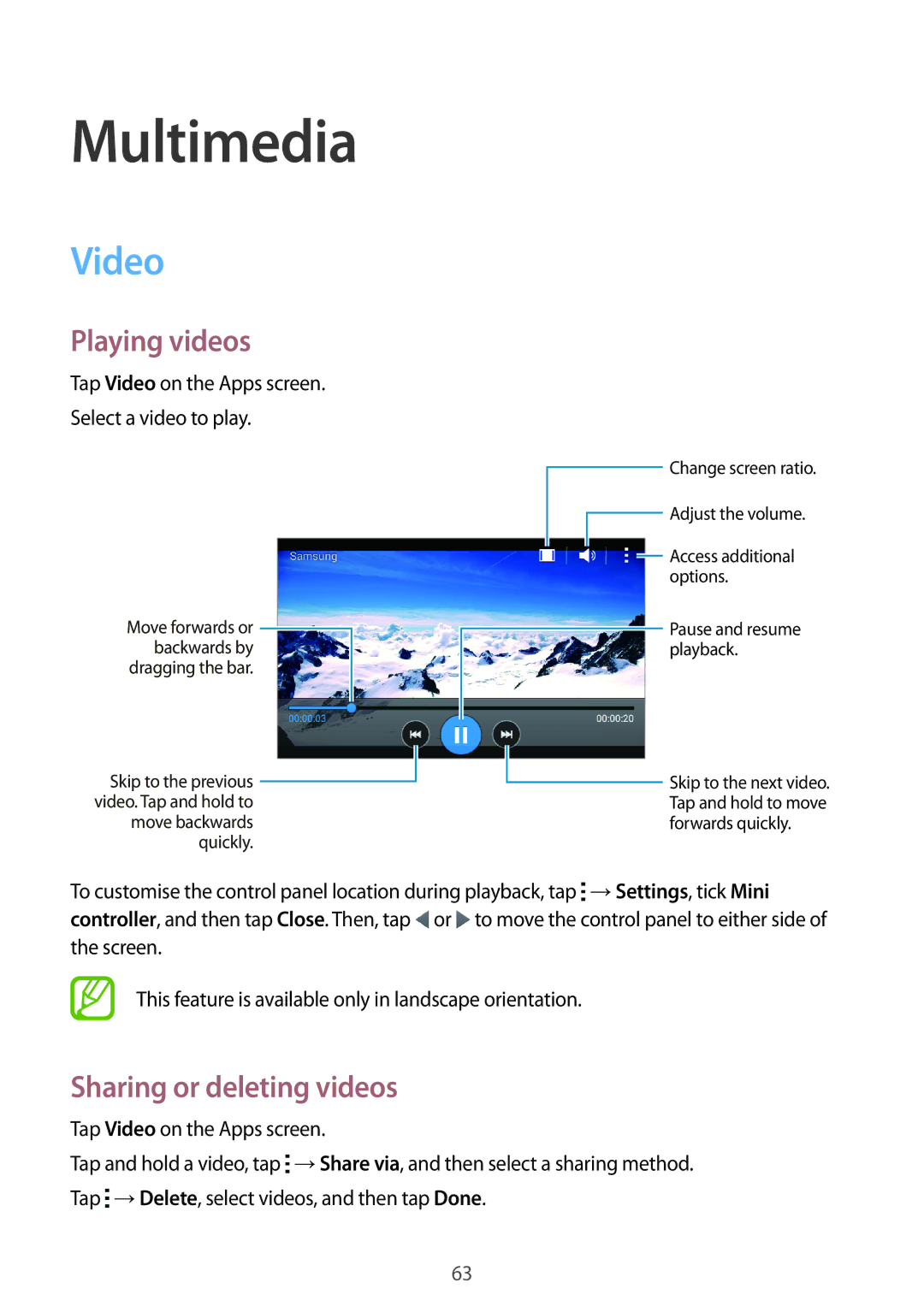 Samsung SM-G313HRWZXXV, SM-G313HZKZXXV manual Multimedia, Video, Playing videos, Sharing or deleting videos 