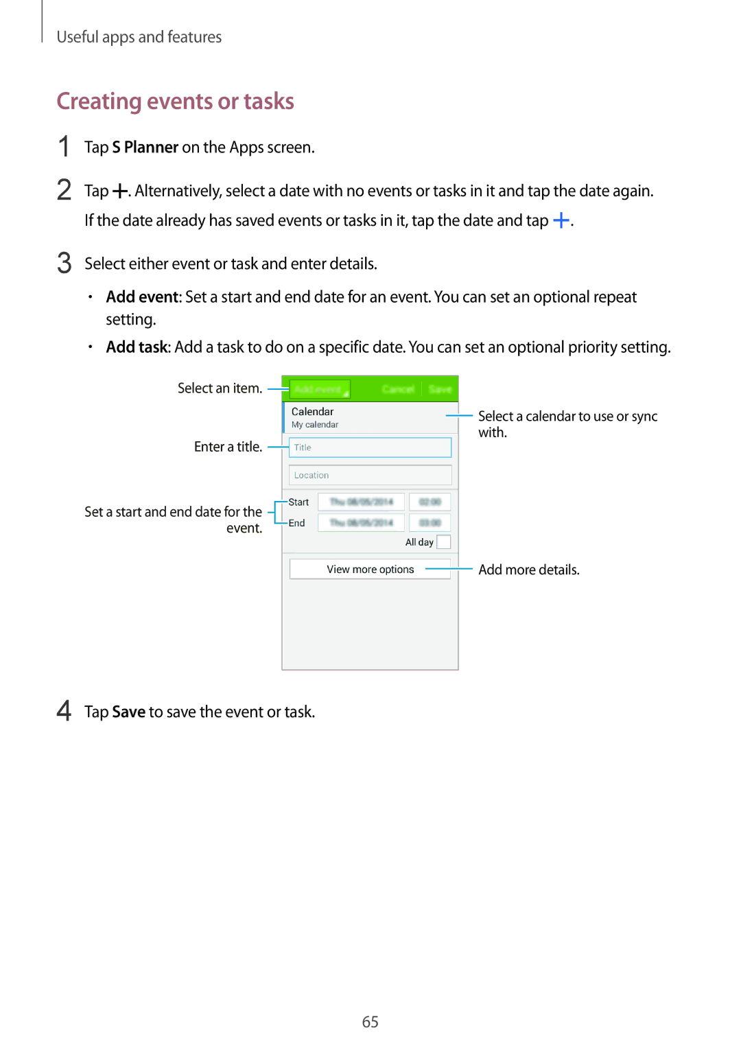 Samsung SM-G313HRWZXXV, SM-G313HZKZXXV manual Creating events or tasks 