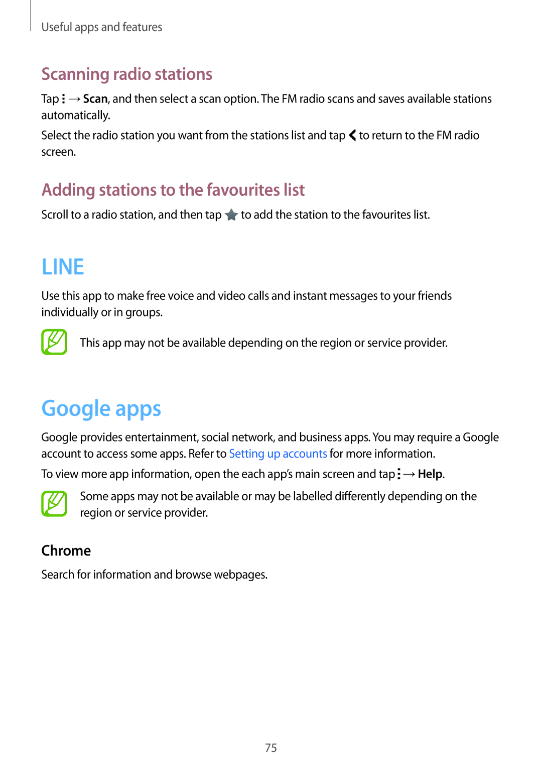 Samsung SM-G313HRWZXXV manual Google apps, Scanning radio stations, Adding stations to the favourites list, Chrome 