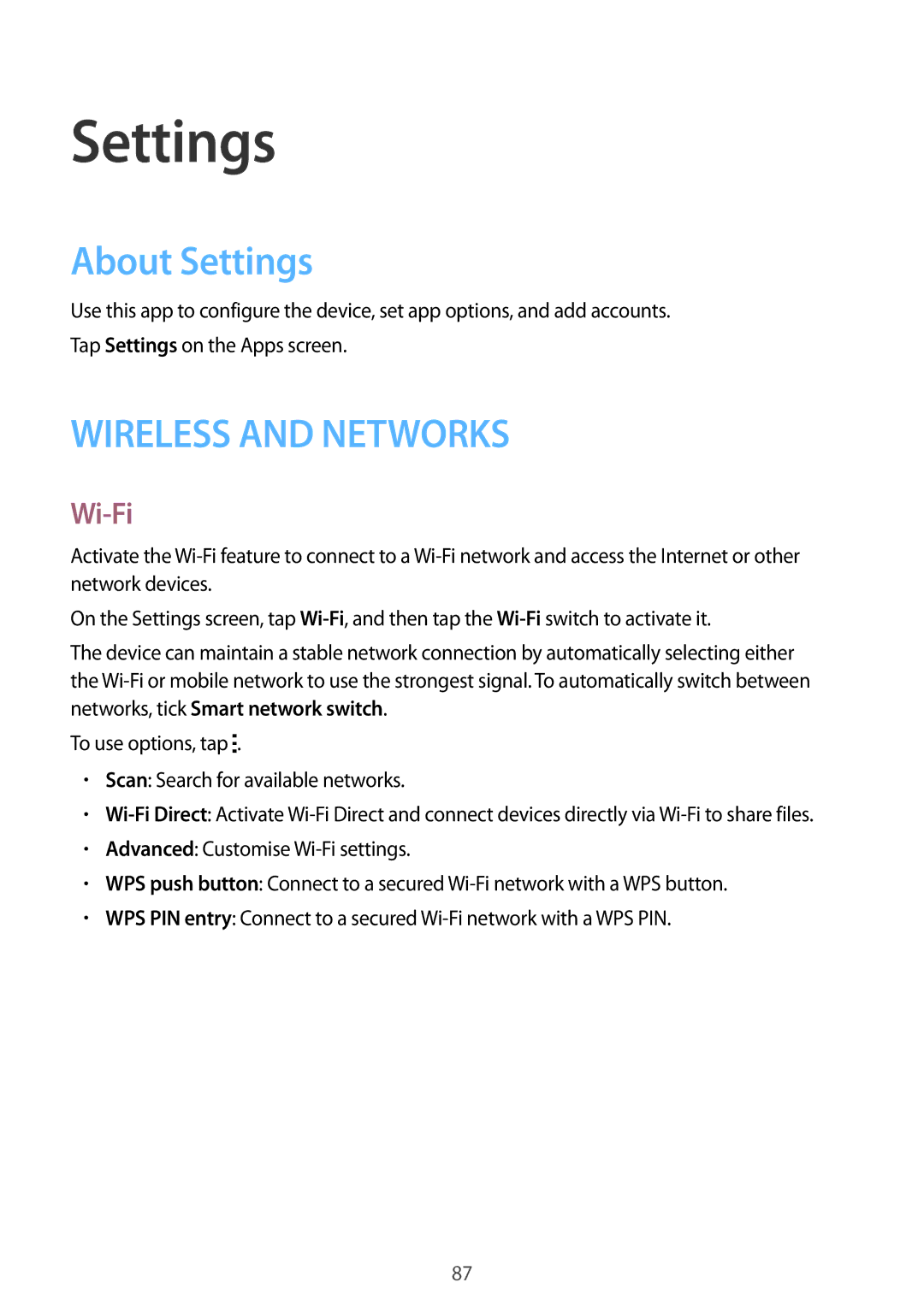 Samsung SM-G313HRWZXXV, SM-G313HZKZXXV manual About Settings, Wi-Fi 