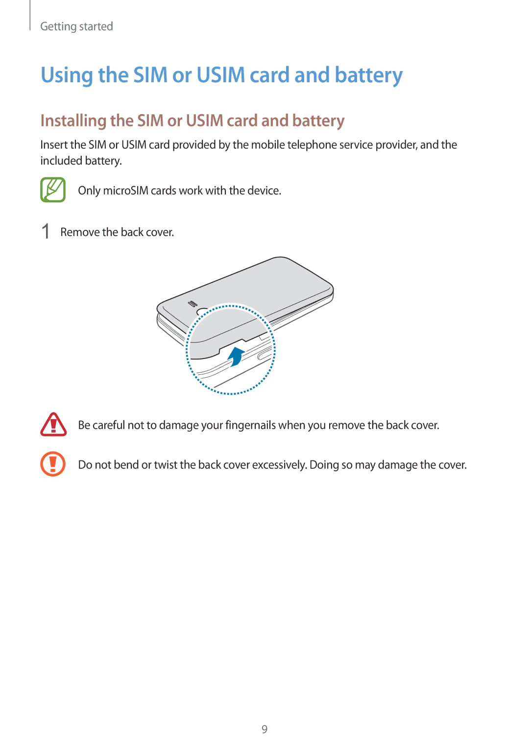 Samsung SM-G313HRWZXXV, SM-G313HZKZXXV Using the SIM or Usim card and battery, Installing the SIM or Usim card and battery 